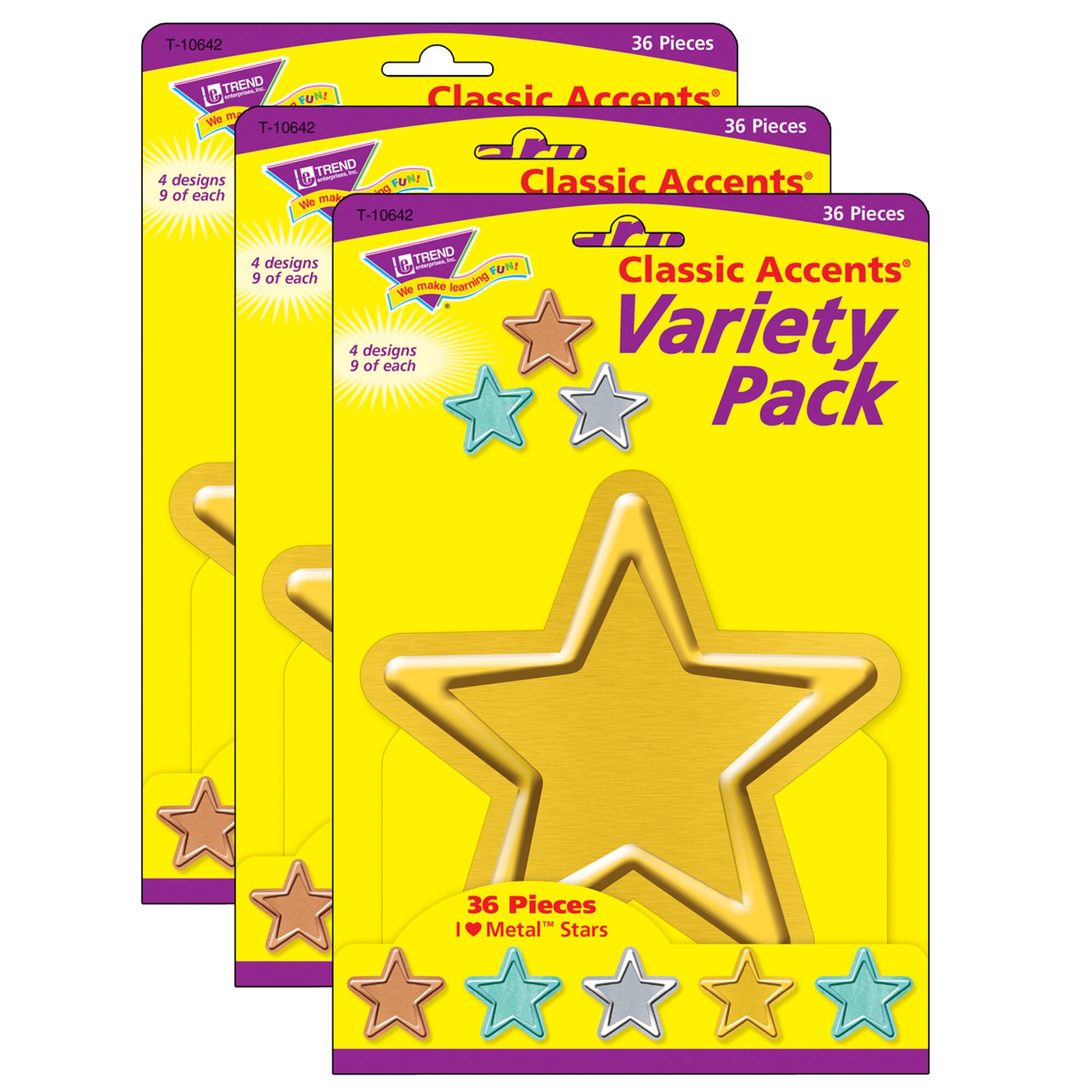 Trend Enterprises® I Heart Metal Stars Classic Accents® Variety Pack, 3 Packs of 36